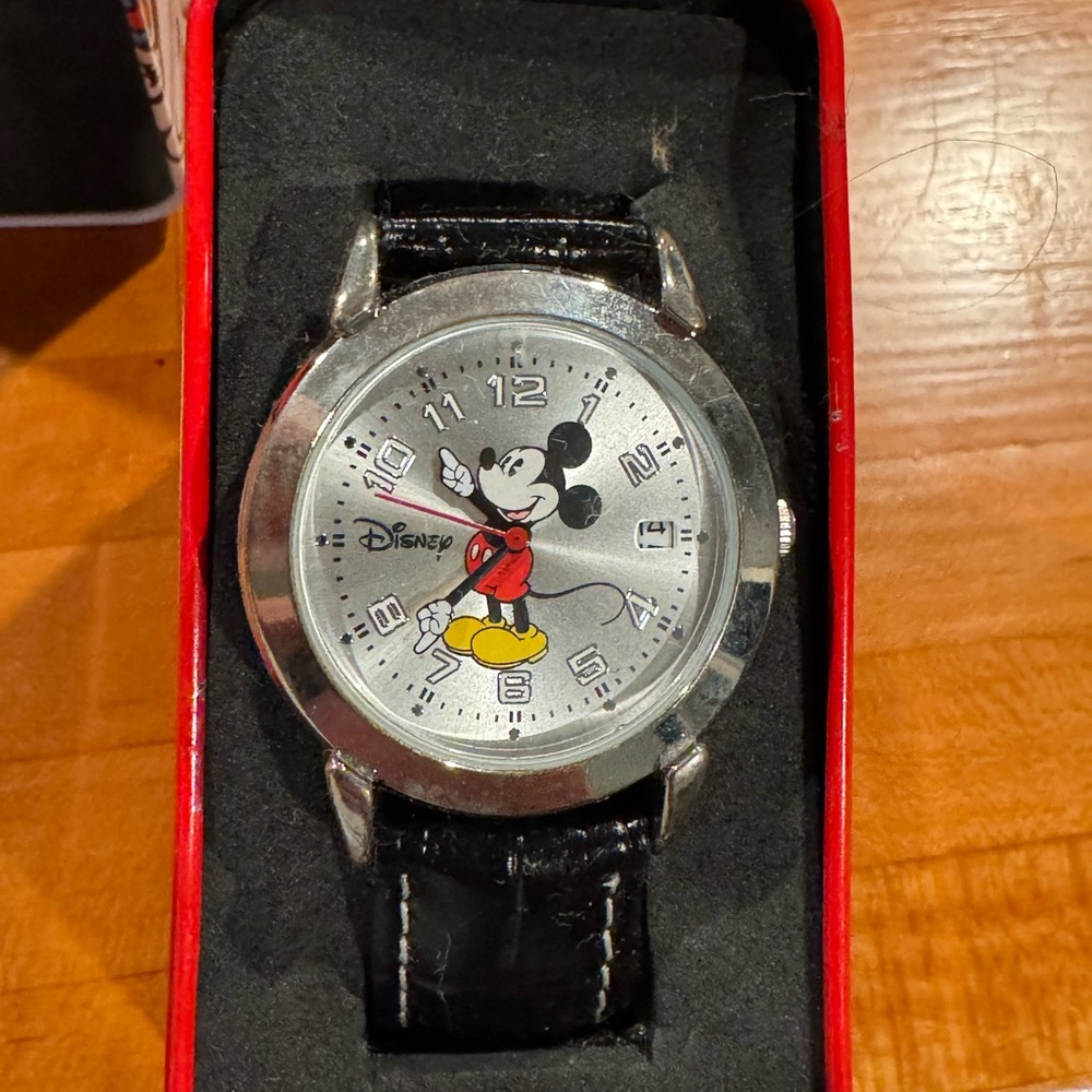 Disney Mickey Mouse Silver Watch with alligator type Black Band- New in Box